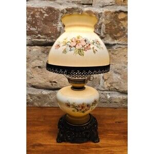 Vintage Hurricane Lamp with Yellow Florals Accurate Casting 15 1/2" - 17" Tall